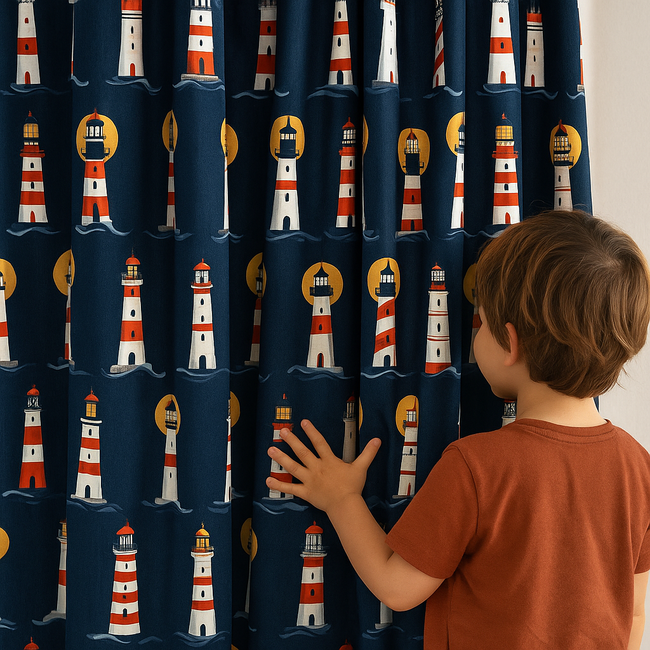 Lighthouse Navy Cotton Kids Curtains – Nautical Bedroom Drapes, Light-Filtering or 100 % Blackout