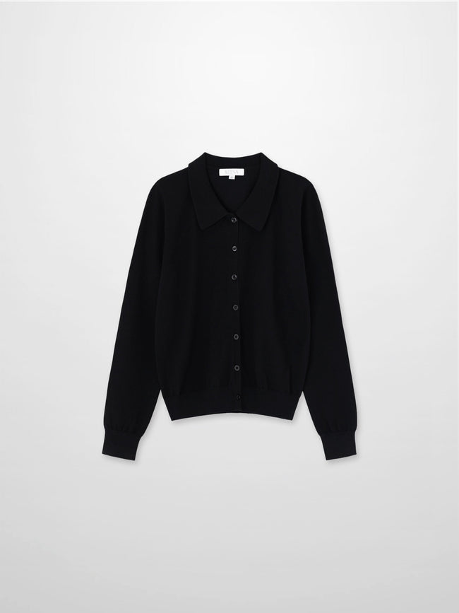 Wool Blend Collared Cardigan-Black-1