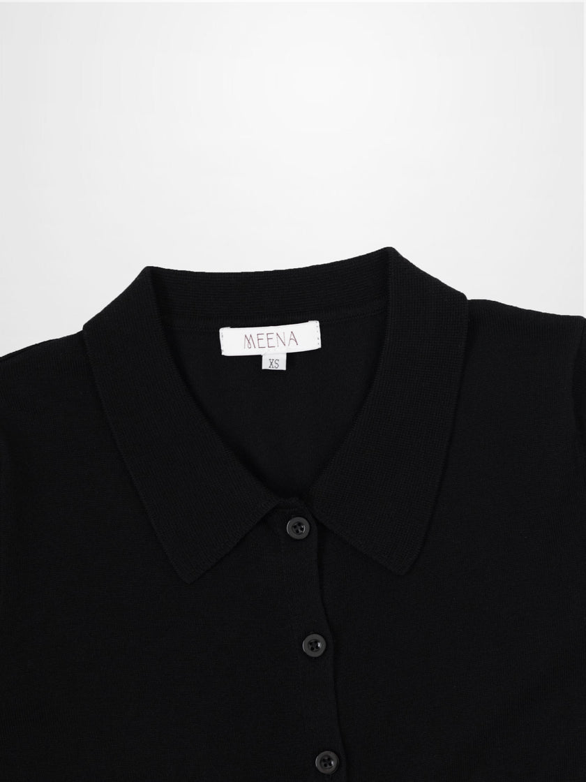 Wool Blend Collared Cardigan-Black-3