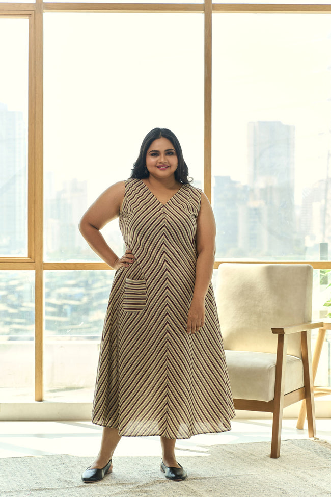 Trendy Striped A-line Cotton Mocha Maxi Dress with Pockets-1
