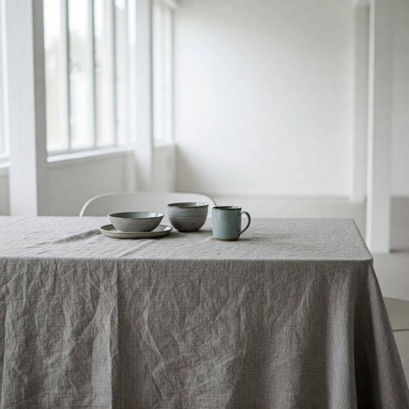 English Grey Linen Tablecloth - Organic Flax Textured Table Cover