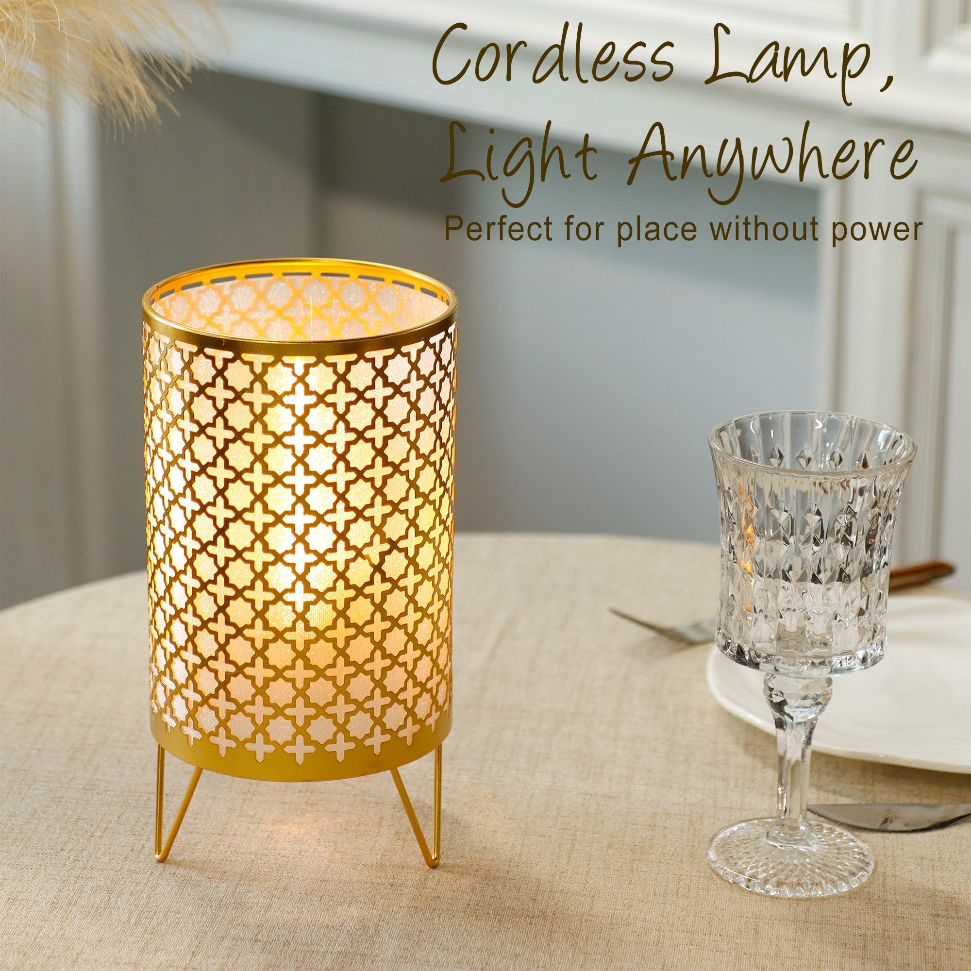 TRIROCKS Set of 2 Battery Operated Lamp 9'' High Cordless Table Lamp Battery Powered Lanterns with 6H Timer for Home Living Room Weddings Parties Patio Events Outdoors Indoors Shelf(Gold)-0