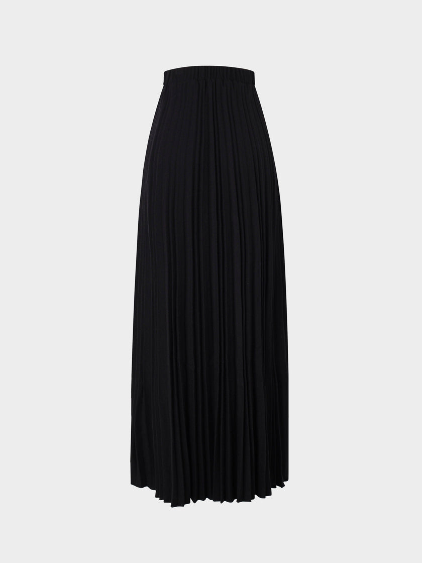 Wool Blend Pleated Skirt-Black-1