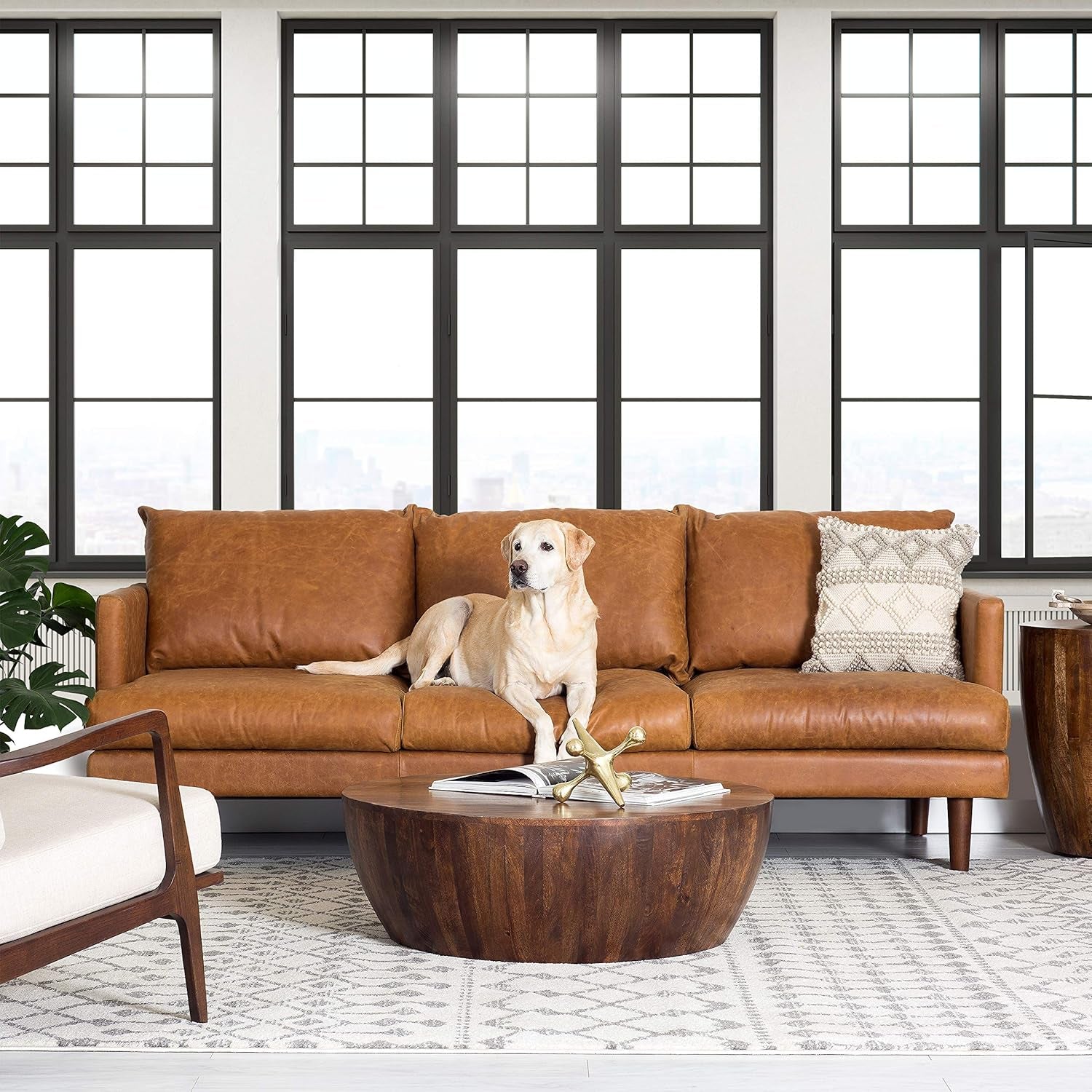 Girona Leather Couch – 88-Inch Leather Sofa with Tufted Back - Full Grain Leather Couch with Feather-Down Topper on Seating Surfaces – Pure-Aniline Italian Leather – Cognac Tan-4