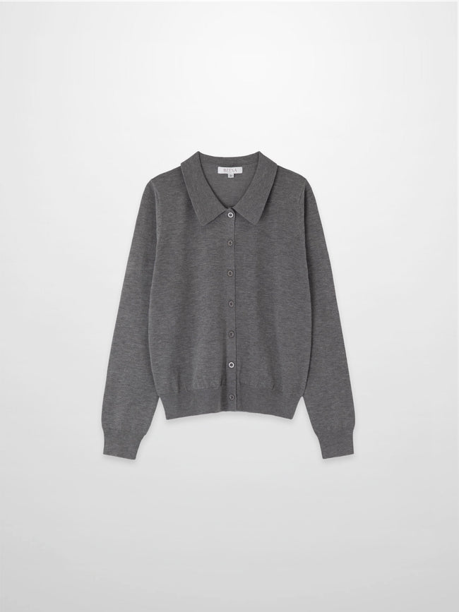 Wool Blend Collared Cardigan-Grey-0