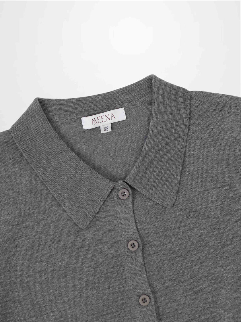 Wool Blend Collared Cardigan-Grey-2