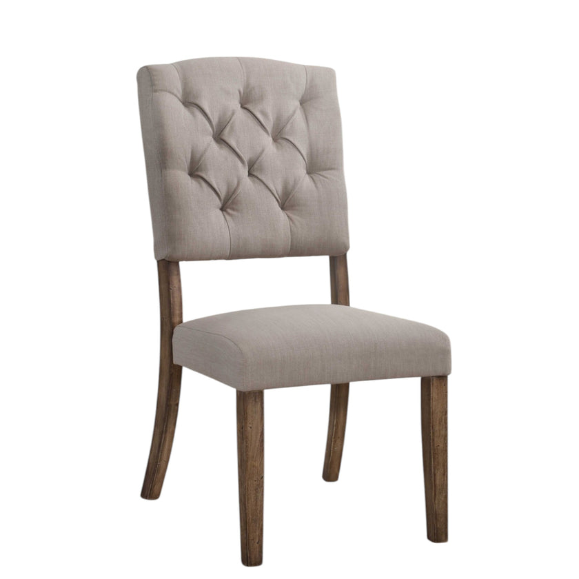 Set of Two Tufted Cream and Brown Upholstered Linen Open Back Dining Side Chairs-2
