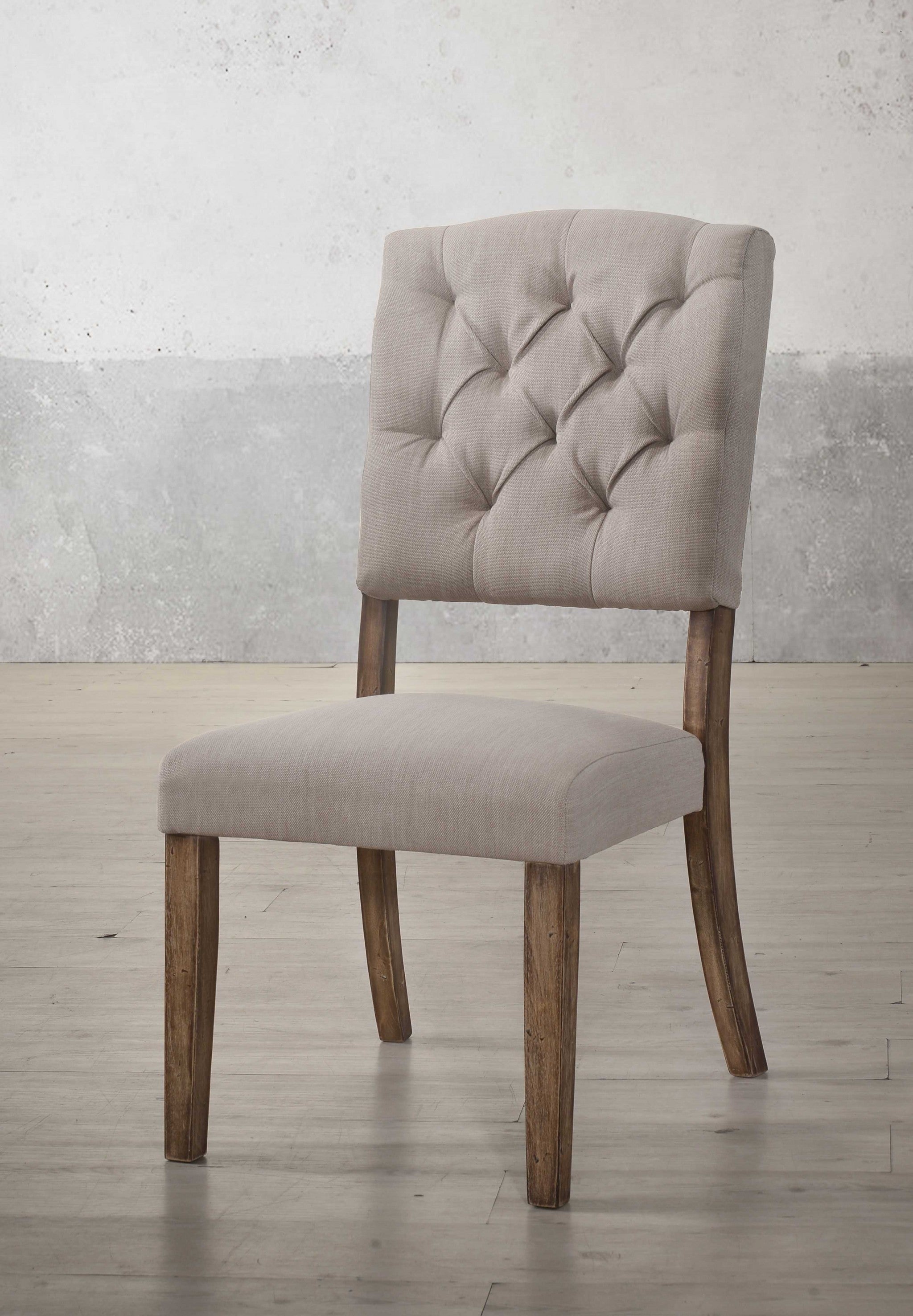 Set of Two Tufted Cream and Brown Upholstered Linen Open Back Dining Side Chairs-4