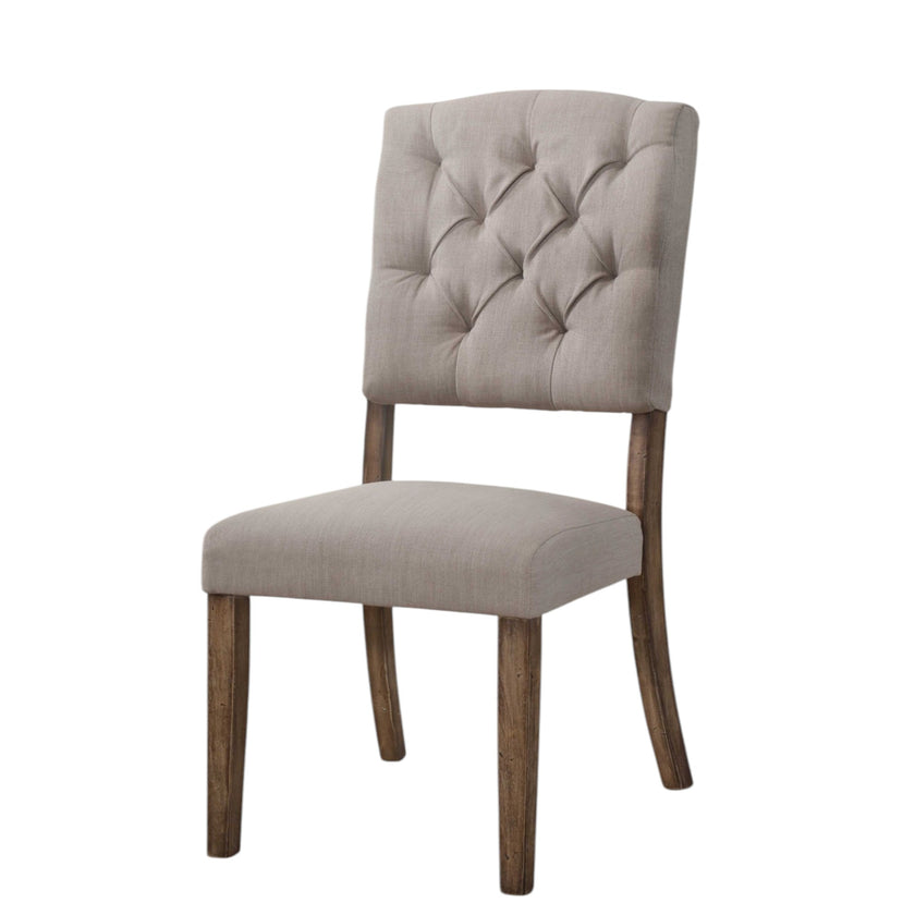 Set of Two Tufted Cream and Brown Upholstered Linen Open Back Dining Side Chairs-3