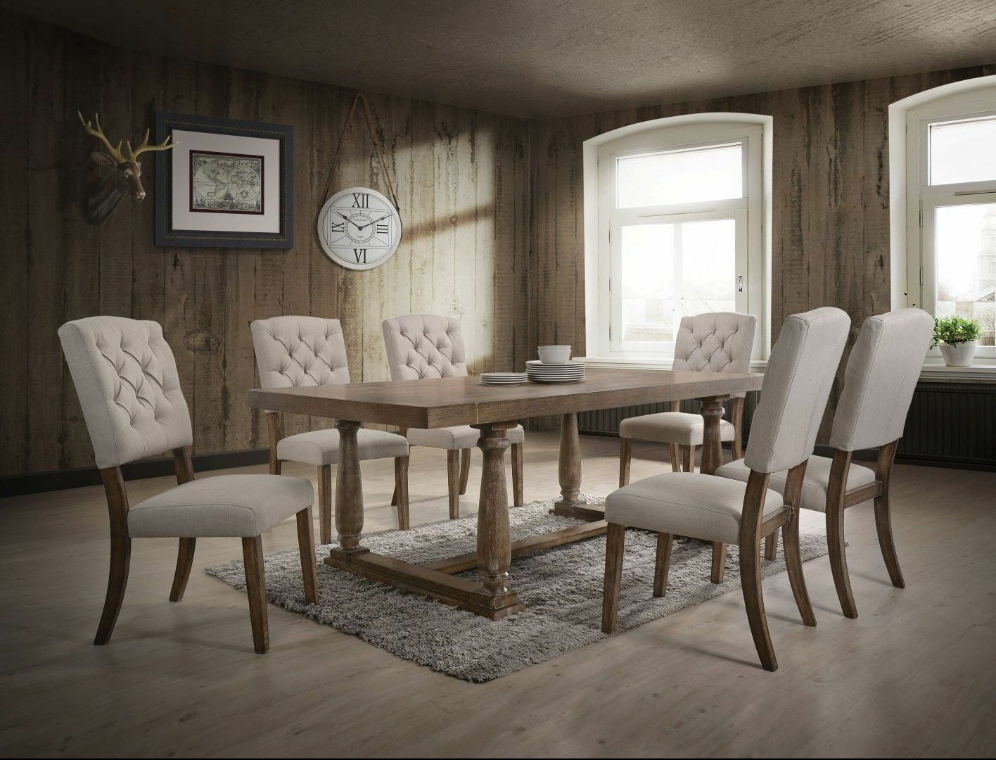 Set of Two Tufted Cream and Brown Upholstered Linen Open Back Dining Side Chairs-6