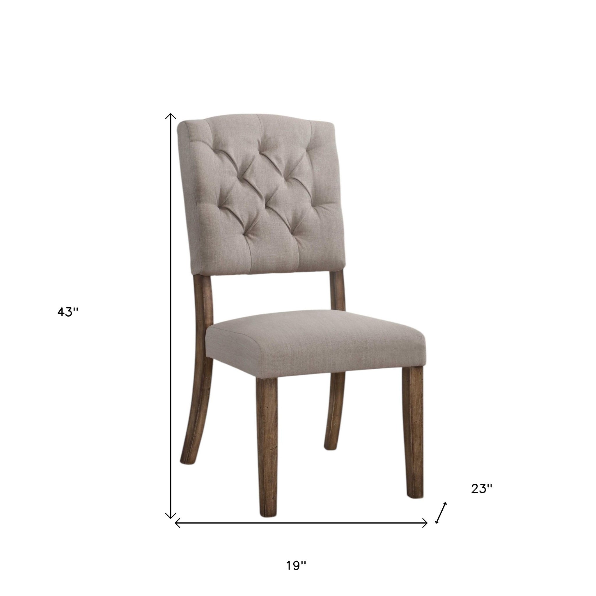 Set of Two Tufted Cream and Brown Upholstered Linen Open Back Dining Side Chairs-7
