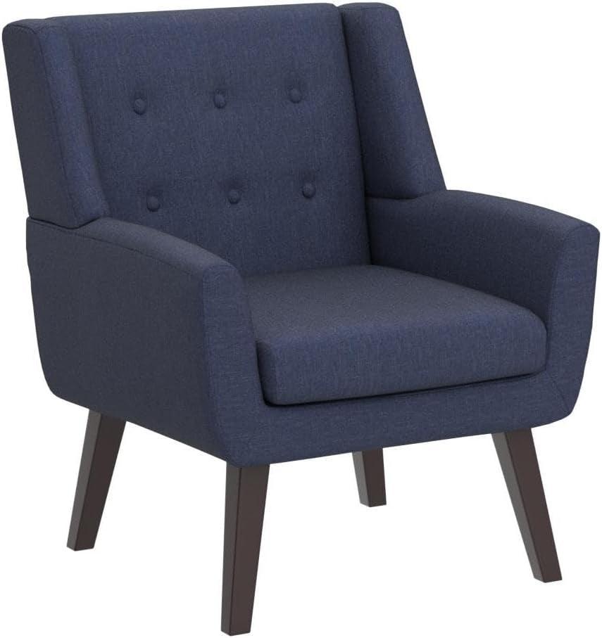 Dark Blue Upholstered Tufted Midcentury Linen Armchair-3