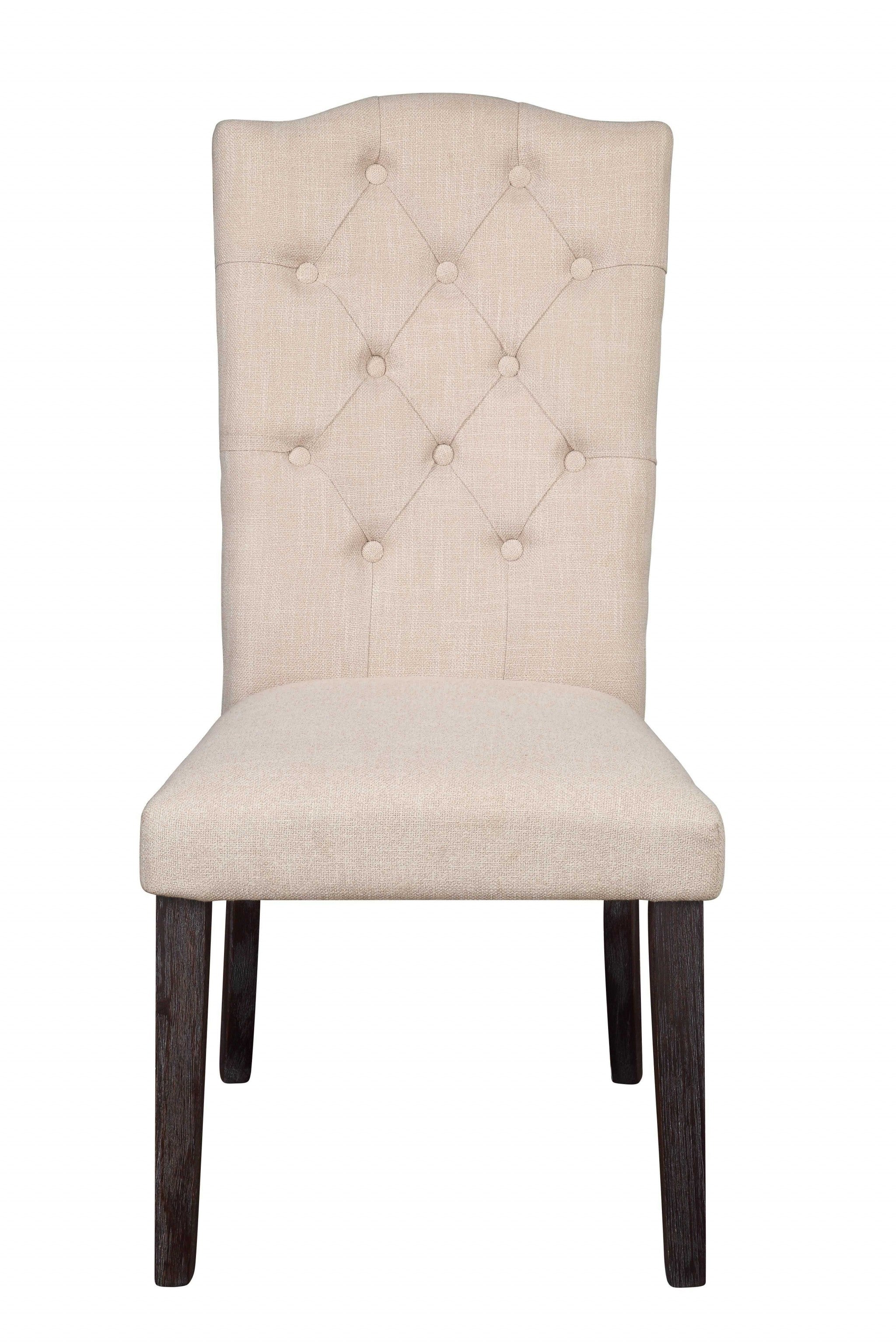 Set of Two Tufted Beige and Espresso Upholstered Linen Dining Side Chairs-2