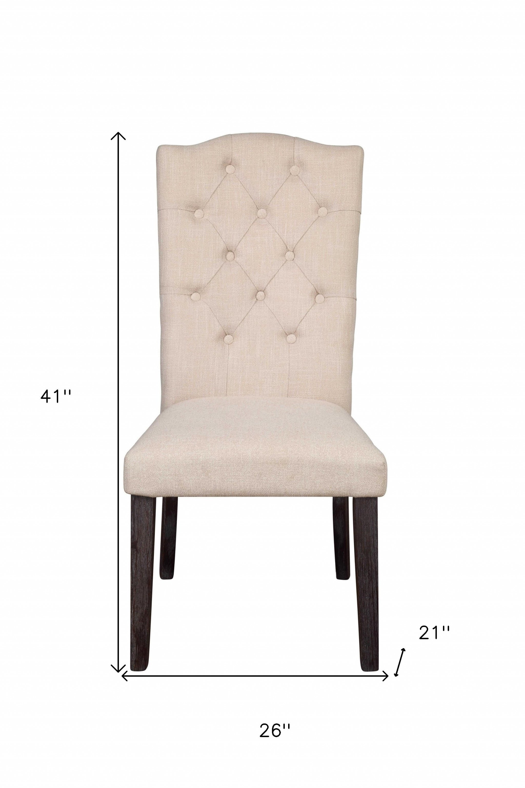 Set of Two Tufted Beige and Espresso Upholstered Linen Dining Side Chairs-7