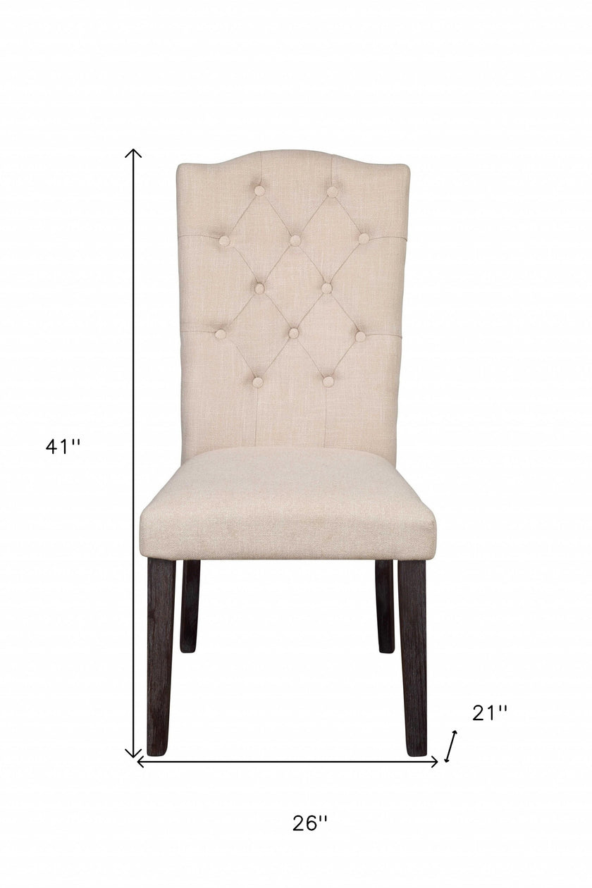 Set of Two Tufted Beige and Espresso Upholstered Linen Dining Side Chairs-7