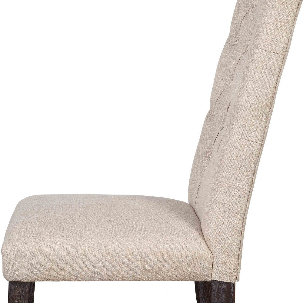Set of Two Tufted Beige and Espresso Upholstered Linen Dining Side Chairs-5