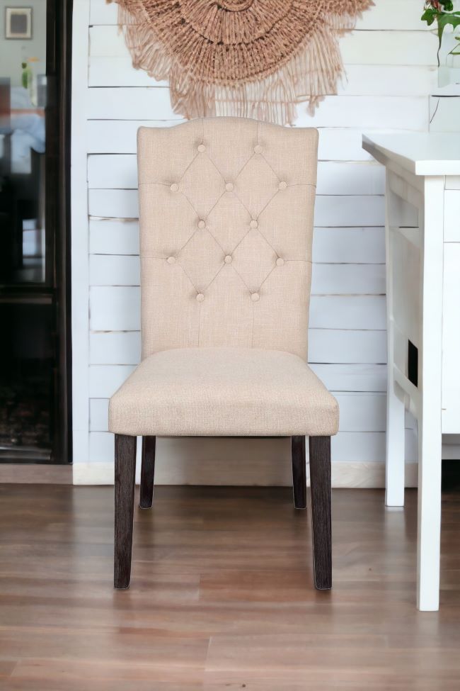 Set of Two Tufted Beige and Espresso Upholstered Linen Dining Side Chairs-6