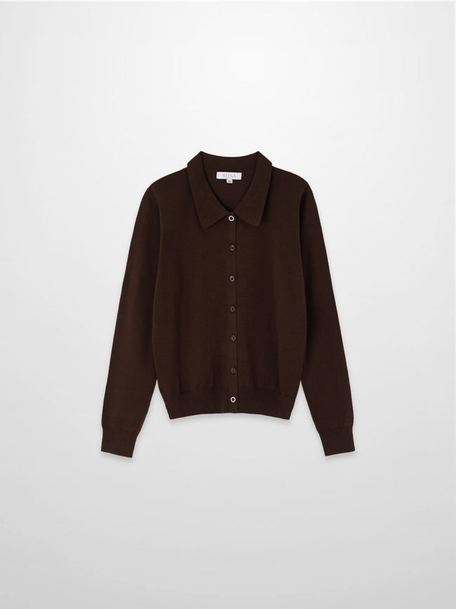 Wool Blend Collared Cardigan-Brown-0