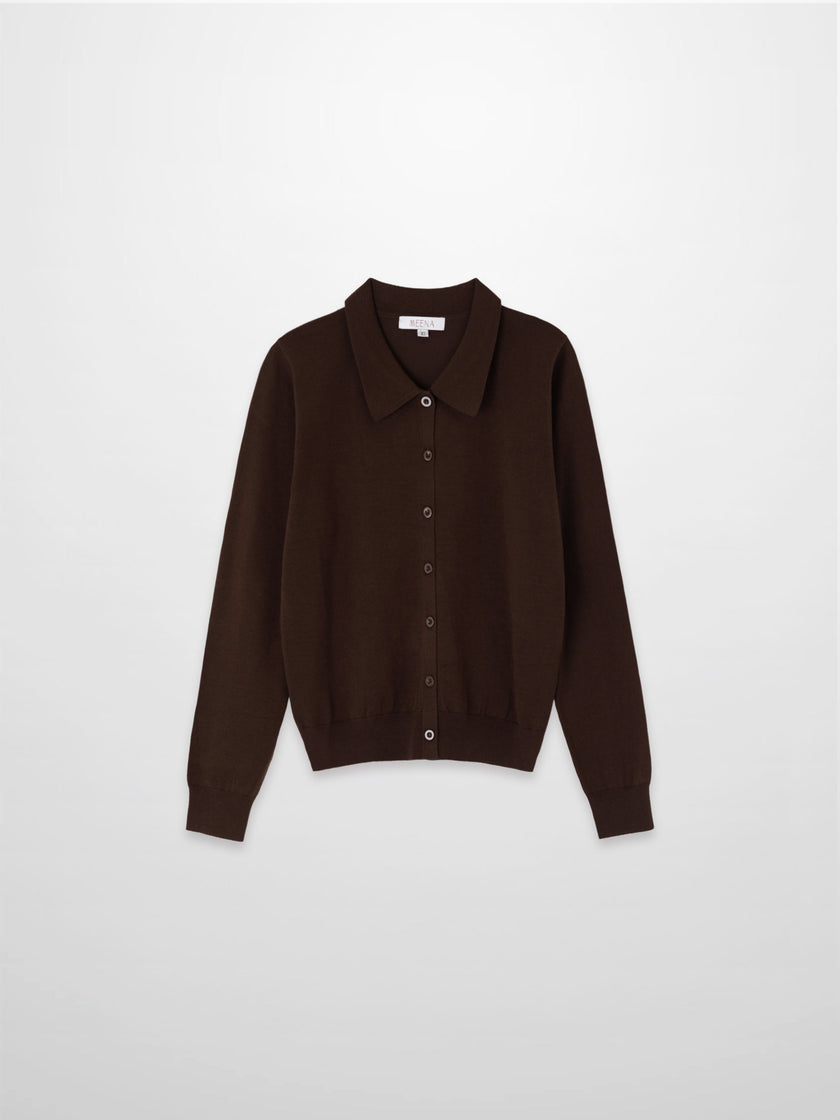 Wool Blend Collared Cardigan-Brown-0