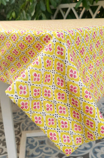 Yellow Floral Print Tablecloth | GOTS Certified Organic Cotton | Various Sizes