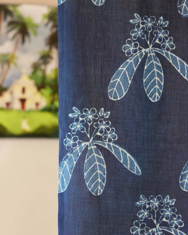 Indigo Blue Hand Block Printed Linen Curtains | Champa Flower Design-0