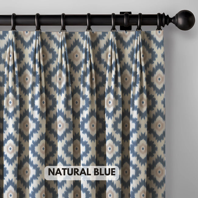 Ikat Cotton Linen Pinch Pleat Curtains - Pink Turq, Natural Blue, Grey Ochre | Made to Measure & Standard Sizes | Blackout & Light Filtering Options