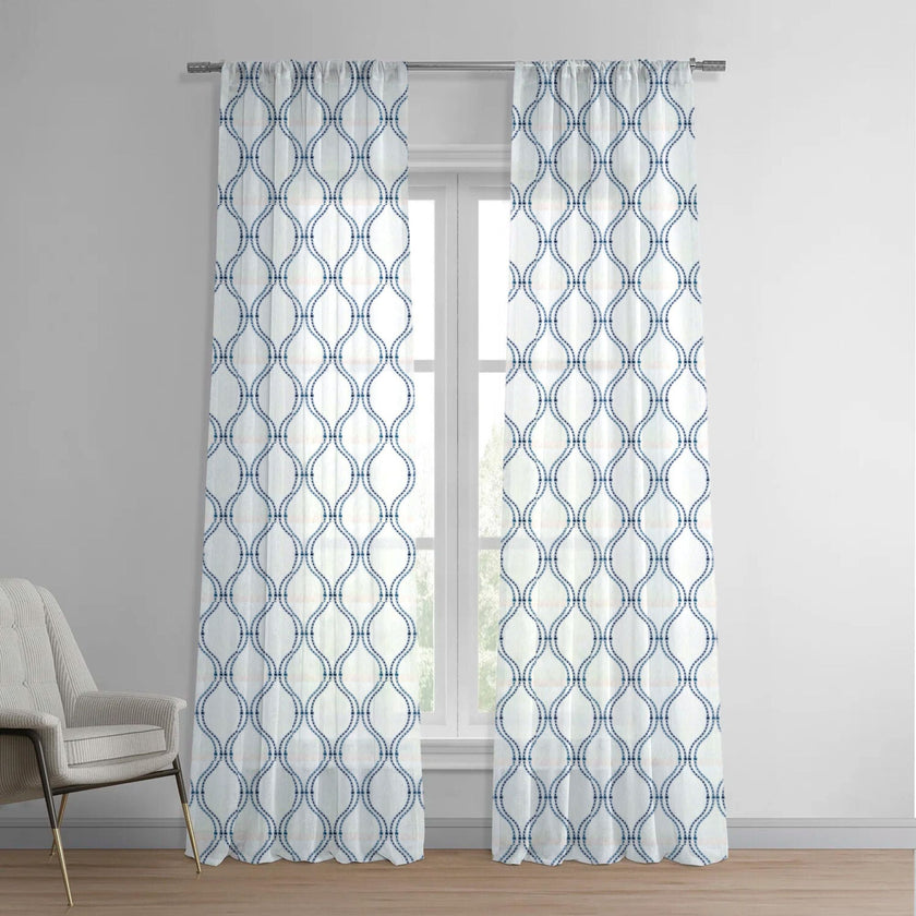 White & Navy Linen Sheer Curtains | Embroidered Ogee Trellis Design | Custom Sizes & Headings