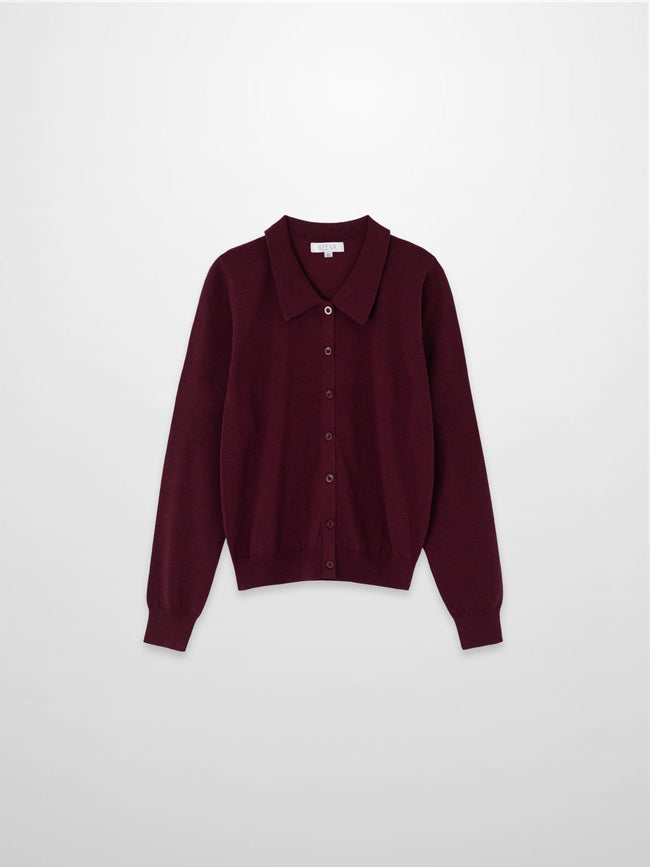 Wool Blend Collared Cardigan-Burgundy-0