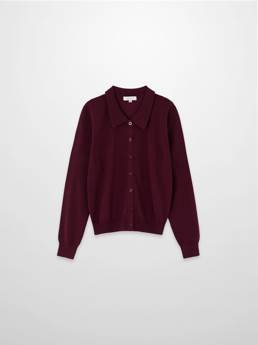 Wool Blend Collared Cardigan-Burgundy-0