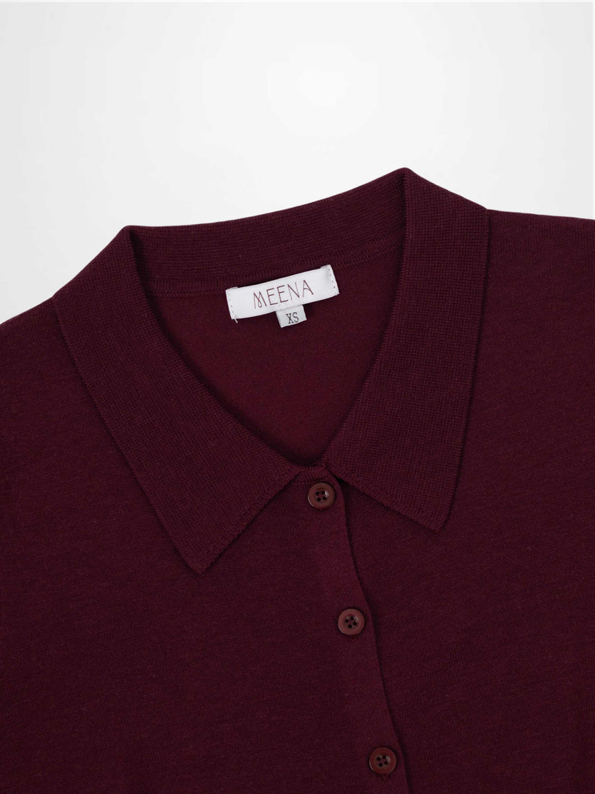 Wool Blend Collared Cardigan-Burgundy-2