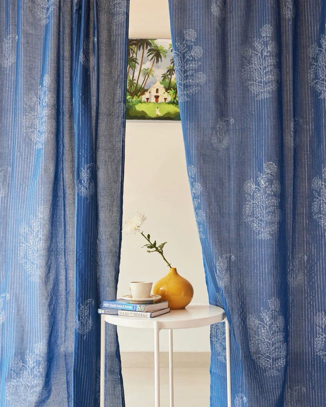 Indigo Hand Block Printed Linen Curtains | Floral & Stripe Design