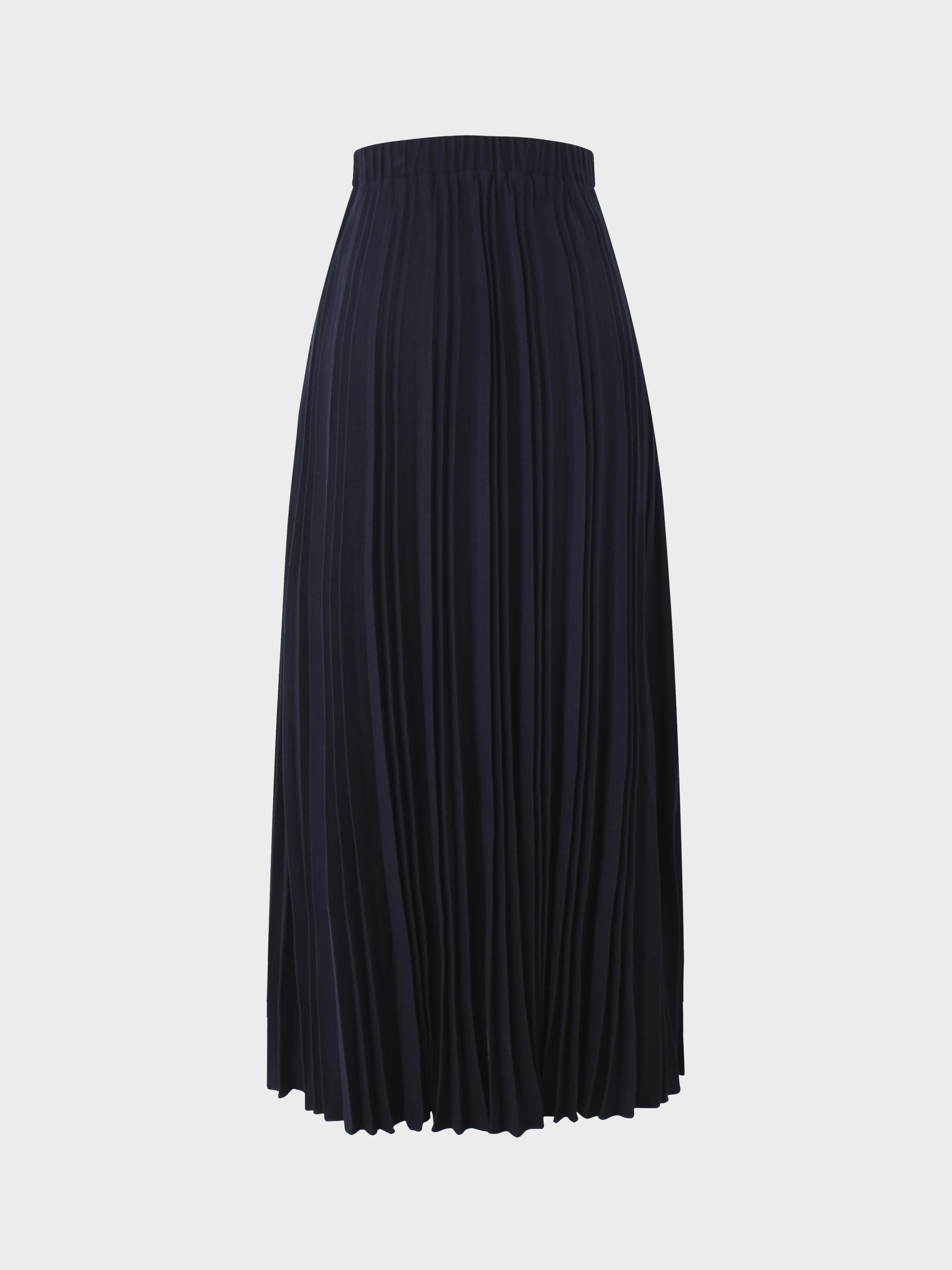 Wool Blend Pleated Skirt-Navy-2