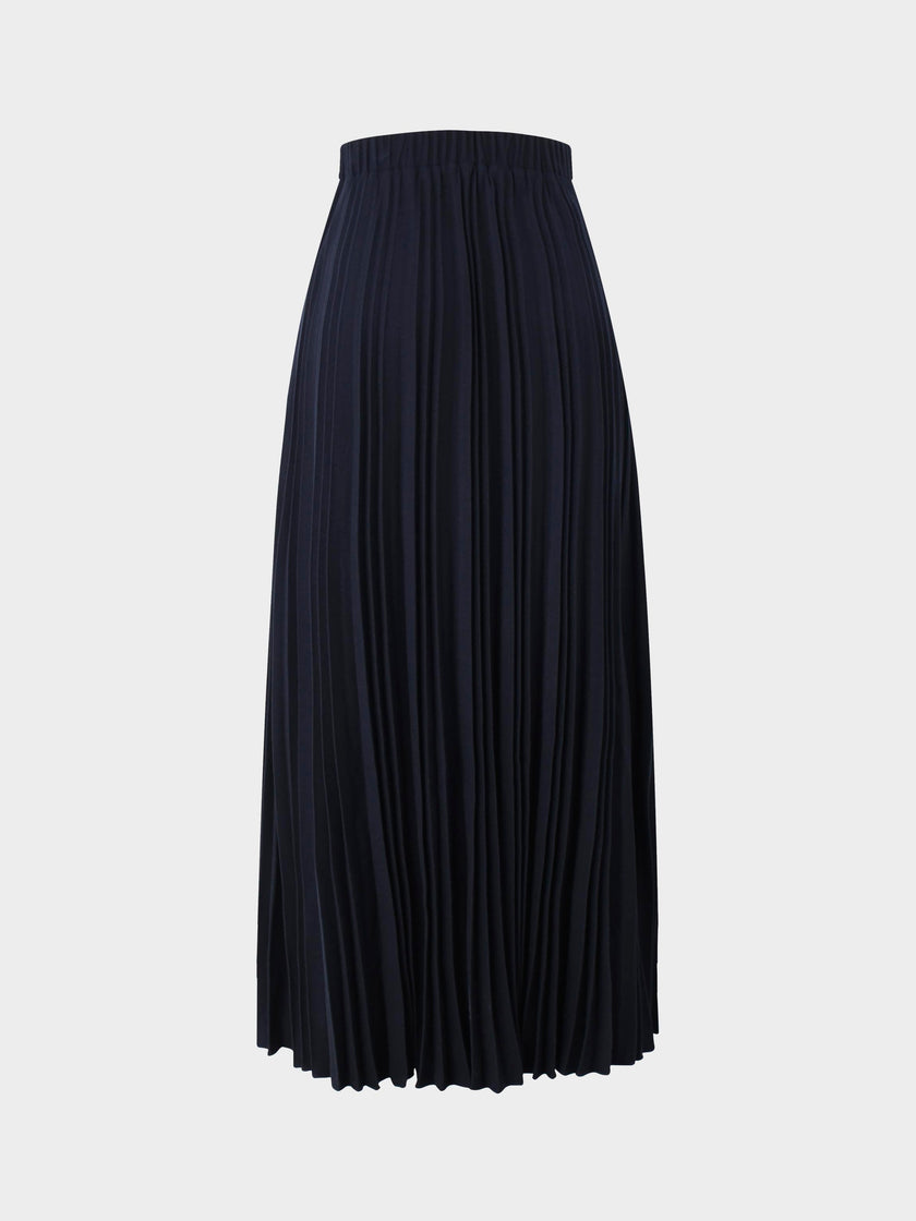 Wool Blend Pleated Skirt-Navy-2