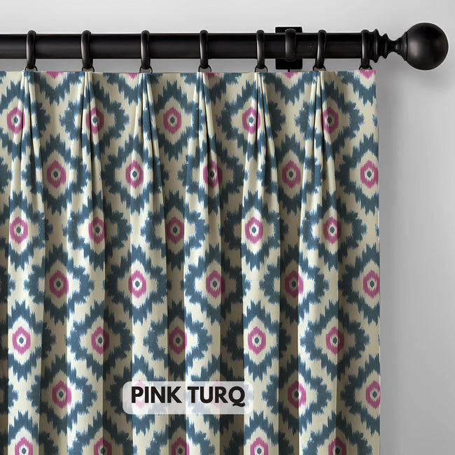 Ikat Cotton Linen Pinch Pleat Curtains - Pink Turq, Natural Blue, Grey Ochre | Made to Measure & Standard Sizes | Blackout & Light Filtering Options