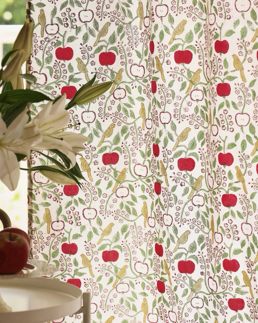 White & Red Hand Block Printed Linen Curtains | Apple & Bird Design