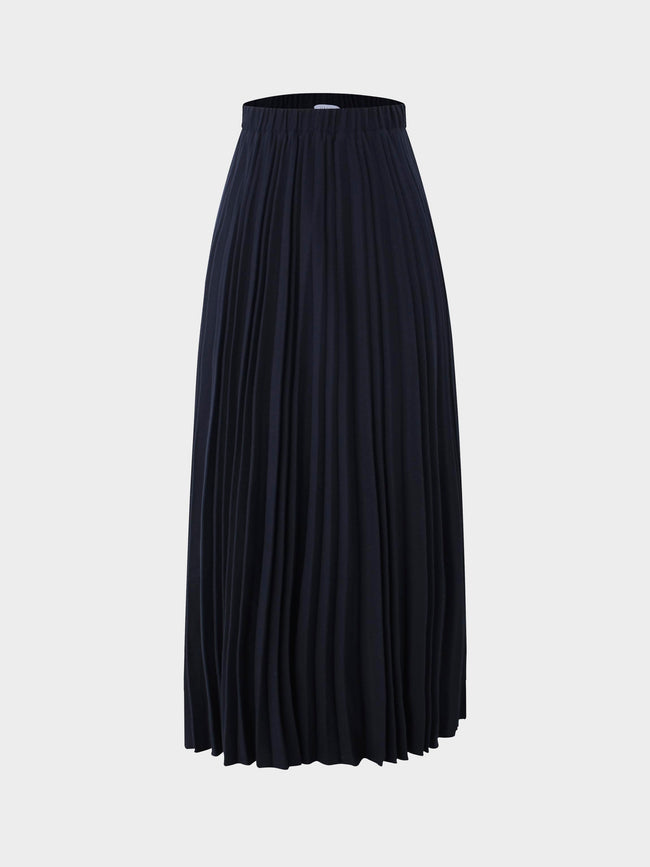 Wool Blend Pleated Skirt-Navy-1