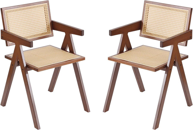 Rattan Dining Chairs Set of 2, Mid Century Modern Armchairs, Wooden Kitchen Chairs for Dining Room, Living Room, Walnut-0
