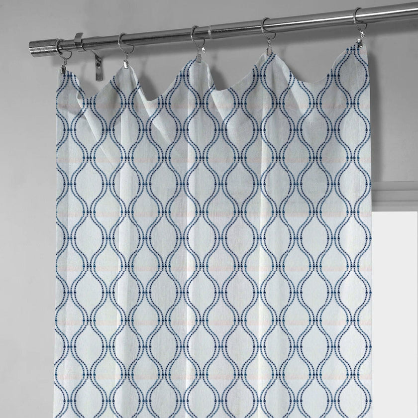 White & Navy Linen Sheer Curtains | Embroidered Ogee Trellis Design | Custom Sizes & Headings