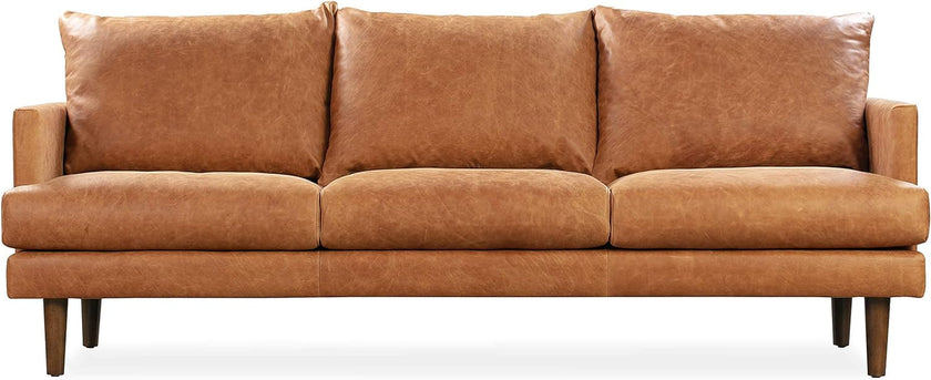 Girona Leather Couch – 88-Inch Leather Sofa with Tufted Back - Full Grain Leather Couch with Feather-Down Topper on Seating Surfaces – Pure-Aniline Italian Leather – Cognac Tan-3