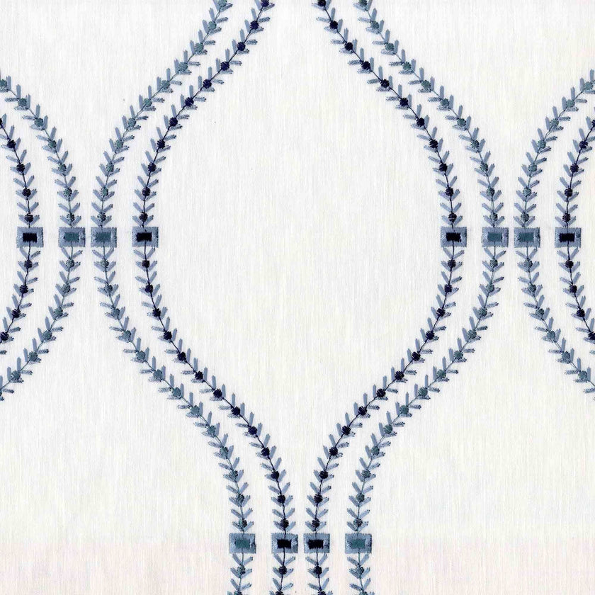 White & Navy Linen Sheer Curtains | Embroidered Ogee Trellis Design | Custom Sizes & Headings