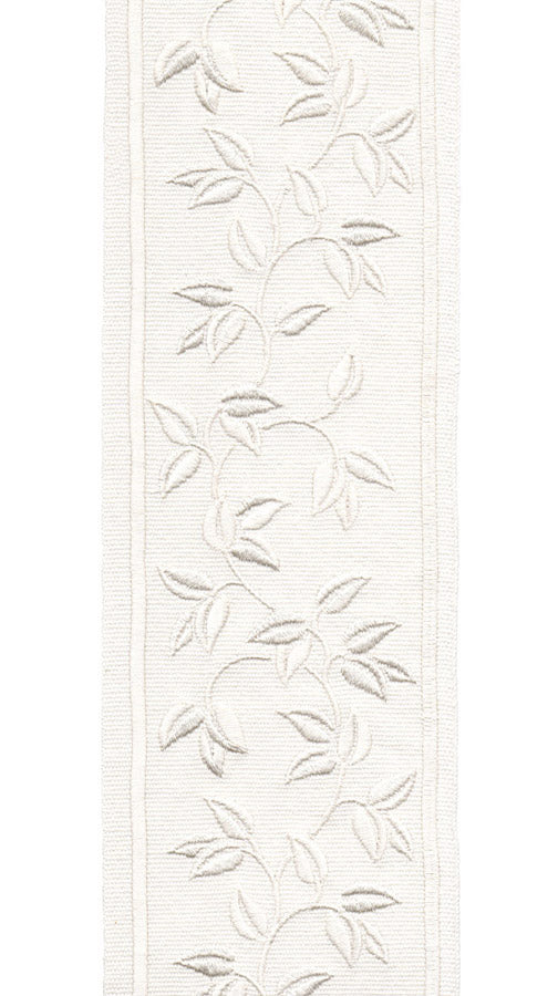 Decorative Trim Border | 10 CM Wide Cotton Canvas | Embroidered Leaf Vine | Aqua, Taupe, Ivory | Sold by the Metre