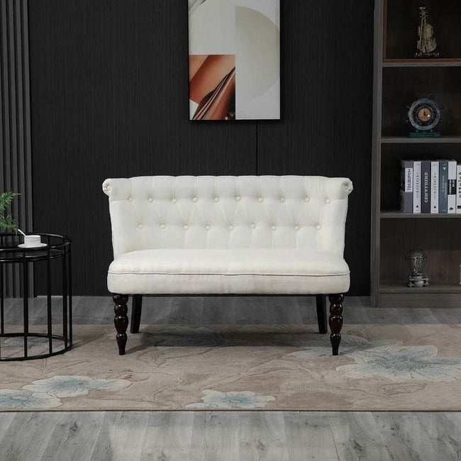 Scandinavian 2 Seater Button Tufted Loveseat Wooden Legs Cream White Linen-1