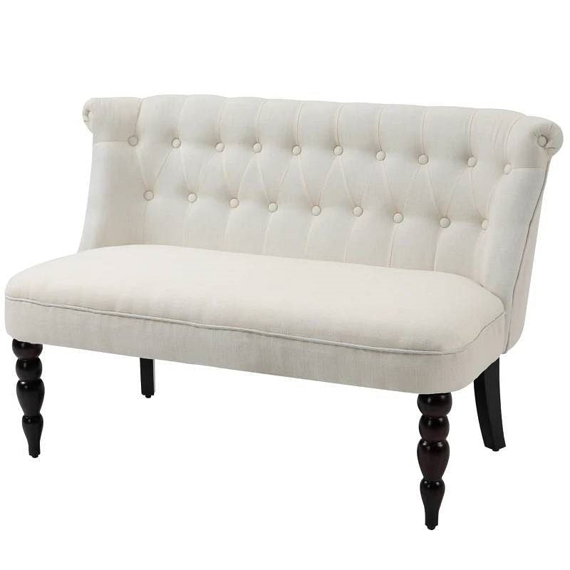 Scandinavian 2 Seater Button Tufted Loveseat Wooden Legs Cream White Linen-2