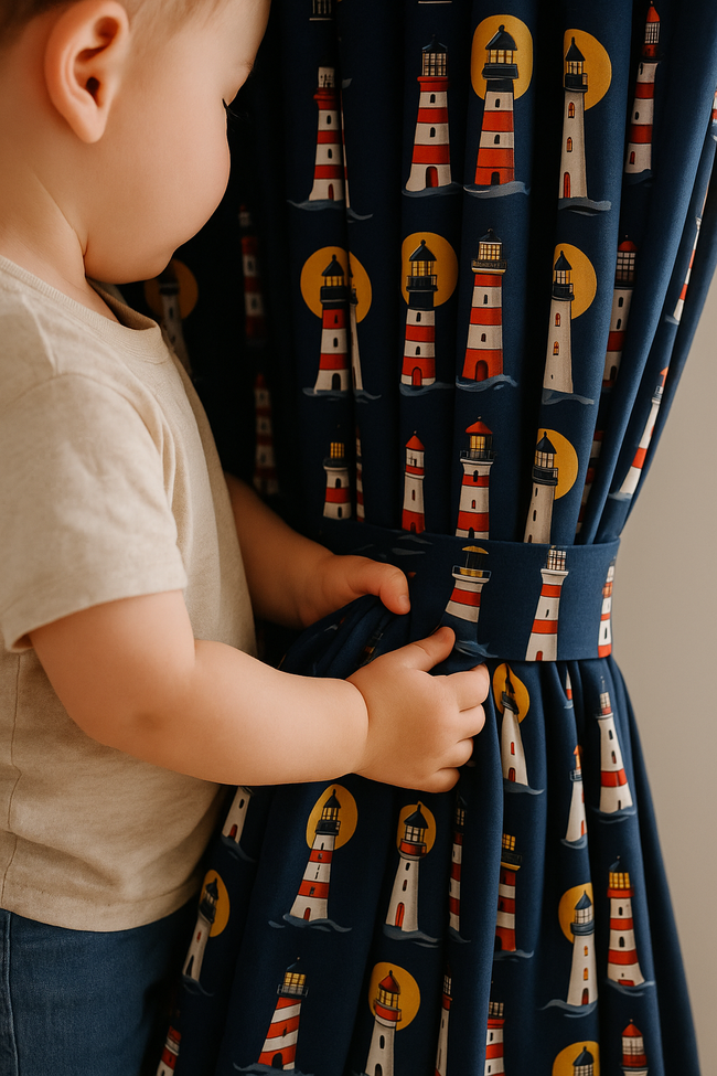 Lighthouse Navy Cotton Kids Curtains – Nautical Bedroom Drapes, Light-Filtering or 100 % Blackout
