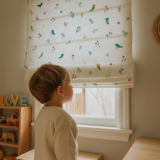 Embroidered Birds Roman Blind – Pure Linen Corded Shade for Kids & Nursery | Light Filtering or Blackout | Custom Size | Recess & Outside Fit