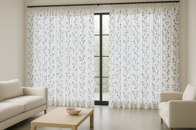 Embroidered Linen Sheer Curtains – Light Filtering – Blue, Red, Pink & Gold – Custom Sizes – Rod or Track Compatible