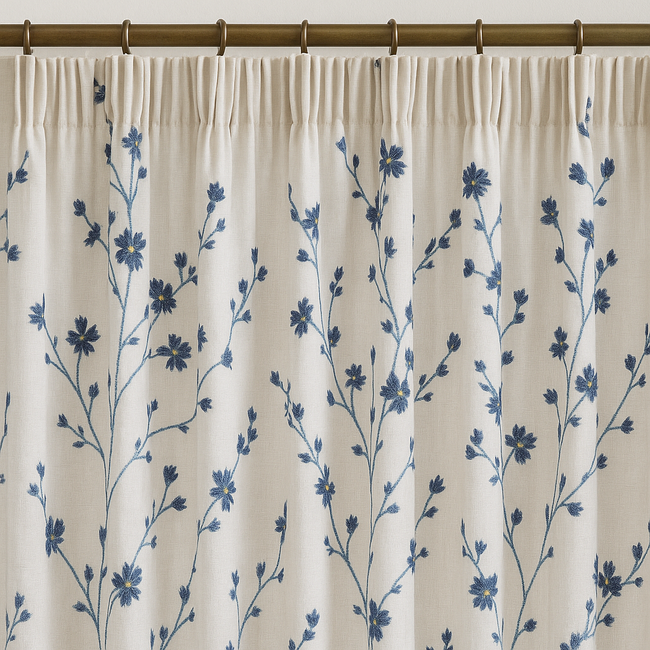 Embroidered Linen Sheer Curtains – Light Filtering – Blue, Red, Pink & Gold – Custom Sizes – Rod or Track Compatible