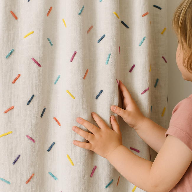 Luxury Linen Embroidered Curtains for Kids Room & Nursery – Single or Pair – Blackout & Light Filtering – Custom Sizes – Rod & Track Compatible