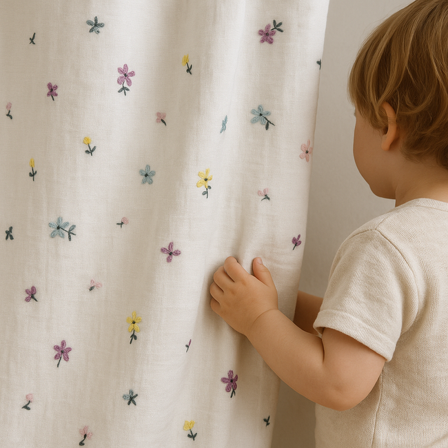 Embroidered Linen Curtains for Kids Room – Custom Size – Light Filtering or 100% Blackout Lining – Pastel Floral – Sold Single or Pair
