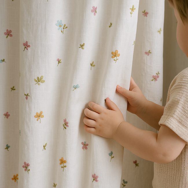 Embroidered Linen Kids Curtains – Soft White Floral Curtain Panel with Custom Sizes – Optional Blackout or Cotton Lining – Rod or Track Compatible